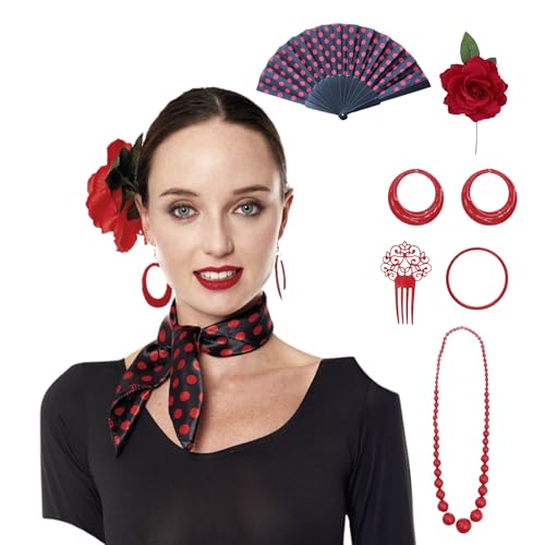 PARTILANDIA Pañuelo Bandana de Lunares+ Abanico+ Peineta+ Rosa+ Pendientes + Collar + Pulsera. FERIA DE ABRIL, Accesorios Flamencos Sevillanos, Set de 7 Piezas (LUNARES ROJO)