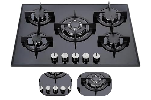 Piano Cottura Vetro 5 fuochi, Piano Cottura Gas da Incasso, 75 cm, Griglia Professionale in Ghisa Robusta, Vetroceramica, Dispositivo di Sicurezza alla fiamma FFD, Manopole di Controllo, C7-50BTF