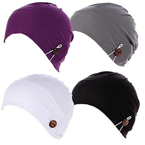 Qianmome 2-4 Pack Beanie with Button for Women Men Nurse,Working Hat,Chemo Caps for Cancer Patients, 1b08-purple&gray&white&black, M