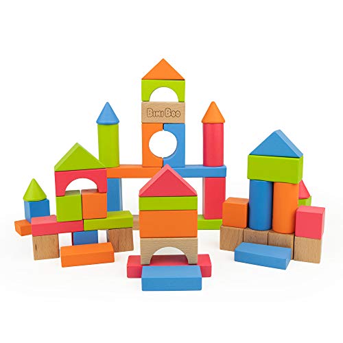 Wooden Building Blocks for Toddlers and Preschoolers - Colored Wood Construction Bricks Set for Kids Age 2 (Developmental Toy, Play and Build 50 pcs in Variety of Sizes, Geometric Shapes and Colors)