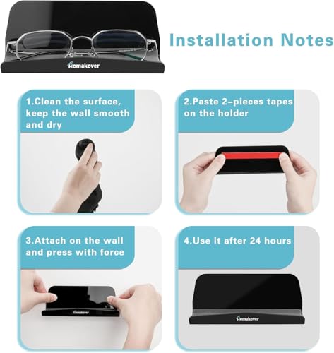 Image of AAcrylic Home Office Wall-Mounted Reading Glasses Holder, Sunglasses Glasses Wall Shelves, Eyeglasses Display Rack, Glasses Organizer with Adhesive Tape for Bedroom, Living Room, Entryway (Black)