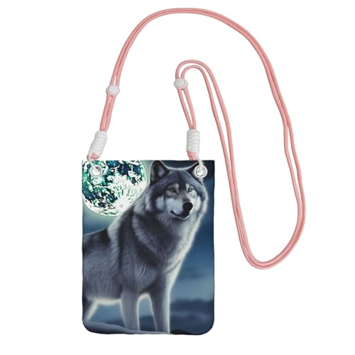 Pochette téléphone femme rose avec bandoulière et motif loup mystique