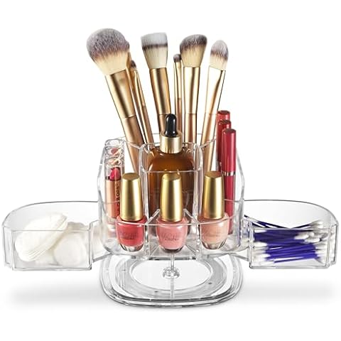 Masirs Small Rotating Makeup Organizer - A Mini Yet Spacious Cosmetic Storage Solution with Multiple Compartments. The Perfect Spinning Make-Up Caddy for Vanity or Bathroom Counter. (Square - Clear) Cover
