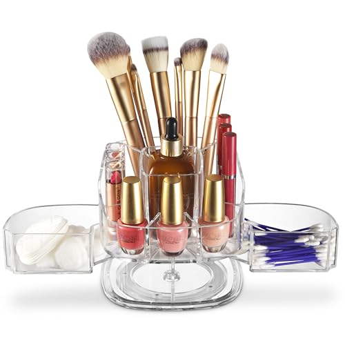 Image of Masirs 360-Degree Rotating Makeup Organizer - Small Acrylic Cosmetic Storage Caddy with 5 Compartments, Mini Lazy Susan Vanity Organizer for Bathroom Counter, Skincare, Perfume, Brushes, Clear