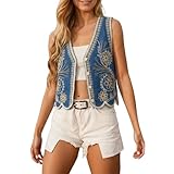 Generisch Chaleco sin mangas con cuello de mezclilla bordado 2026 - top corto de verano, ropa exterior casual, azul, Talla única