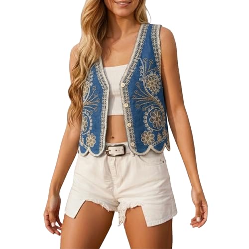 Image of Generisch Women Sleeveless Vest Ethnic Embroidery Boho Fringe Vest Folk Style Patchwork Pattern Casual Festival Summer Top, style_s01 blue, One Size