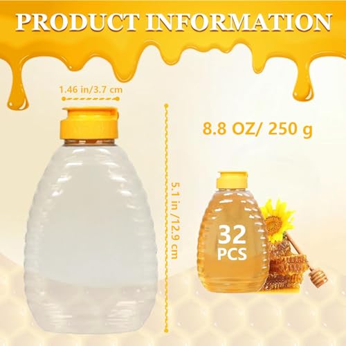 Hyuetrsa 32 Pcs 8.8 oz Clear Plastic Honey Bottles, Empty Honey Bottles with Caps Plastic Skep Style Jar Refillable Honey Containers,Leakproof Honey Containers Holders for Storing Dispensing,Yellow