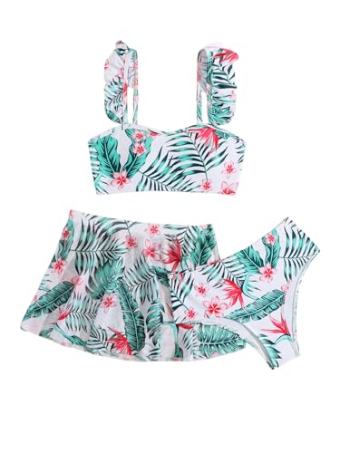 Image of Girl's 3 Piece Bikini Set Tropical Print Bathing Suit High Waist Swimwear with Skirts Cover Ups Green 160