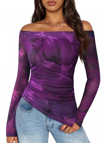 ZESICA Double Lined Mesh Long Sleeve Tops for Women 2025 Y2k Floral Off Shoulder See Through Going Out Sheer Shirts Purple Large