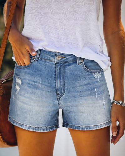 Image of onlypuff Womens Jean Short Cut Off Denim Shorts High Waist Ripped Distressed Stretchy