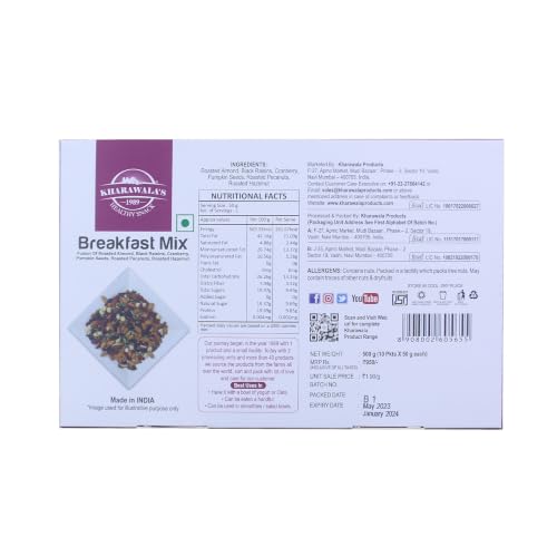 Image of KHARAWALA'S Breakfast Mix - Pack of 2 (50gm x 10) | Fusion of Roasted Pumkin Seed, Almond, Pecan Nuts, Hazelnut, Cranberry and Black Raisins