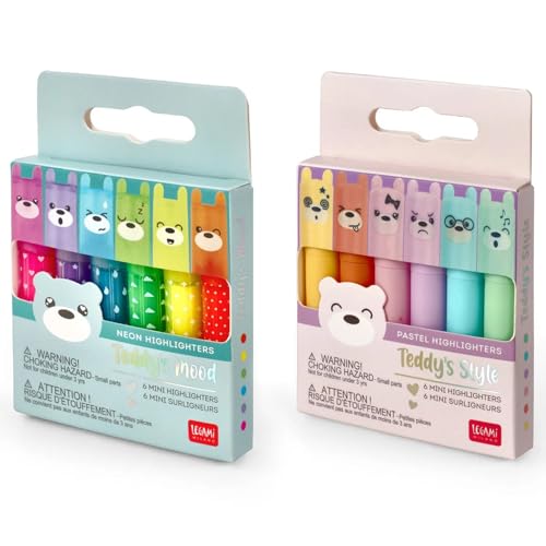 LEGAMI Mini Highlighters - Set of 12 Pens - Teddy's Mood & Teddy's Style - Pastel & Neon Colours