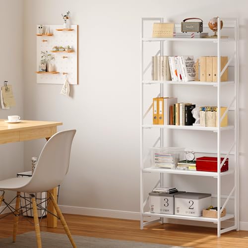 Image of JSB No Assembly Folding Bookshelf, 5 Tier Industrial Metal Book Shelf for Storage, Vintage Wood Foldable Bookcase for Living Room, Bedroom, Office Organization Shelves