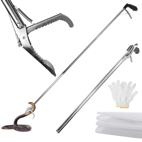 Snake Grabber Tool, 78 Inch Heavy Duty Snake Tongs, Stainless Steel Reptile Catcher Grabber with Anti-Slip Grip, Wide Jaw Multi-Function Handling Tool with Lock, Gloves