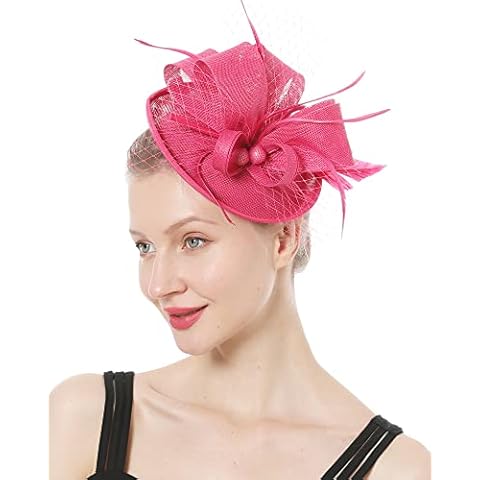 Fascinators Hat Flower Cocktail Lace Mesh Feathers Headband Clip for Women Tea Party Wedding Vintage Derby Hats-Hot Pink-13 Cover