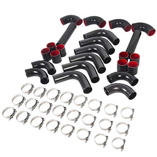 2.5'' 12 Pcs Turbo Intercooler Pipe Piping Kit Universal Polished Aluminum W/Silicon Hose And Stainless Steel T-Clamps Black & Red