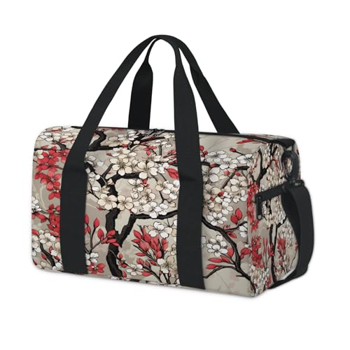 Cherry Blossoms Decor Pattern Sports Duffle Bag for Women Men Waterproof Overnight Weekender Bag with Adjustable Strap Travel Tote Bags for Beach Yoga Work Dance Swim