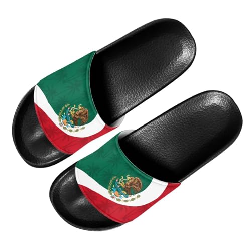 Quxjehoe Men's Mexico Flag Palm Tree Slide Slippers Comfortable Walking Slides for Beach Pool Vacation Size 13 Black Sole