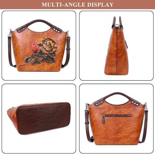 Large Bucket Bag for Women Genuine Leather Retro Rose Embossing Design Purse and Handbag Fashion Satchel Shoulder Bags2