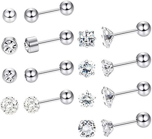 LOYALLOOK 8Pairs 18G 316L Surgical Steel Earrings Stud Barbell Ball Earrings CZ Tragus Cartilage Helix Earrings for Women Men Ear Studs Piercing Earrings Jewelry, 8Styles