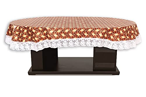 Image of The Furnishing Tree Waterproof PVC Oval Shaped 10 Seater Table Cover WxL 60x120 inches Interlocked Ropes Pattern Brown with White Border lace