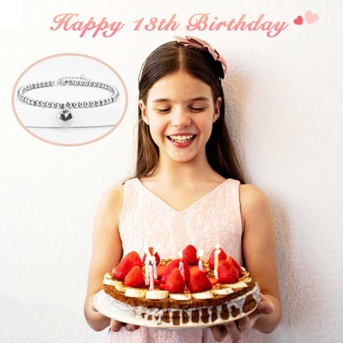 KORAS 13th Birthday Gifts for Girls, Heart Charm Bracelet Birthday Bracelet Gifts for 13 Year Old Girls, 13th Birthday Presents - Image 2