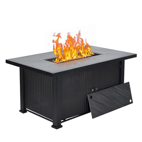 Outdoor Propane Fire Pit 52inch, PioneerWorks Propane Fire Pit Table 50000BTU Gas Fire Pit Table with Cover & Rain Cover, Rectangle Gas Firepit Table for Patio Deck Garden Backyard
