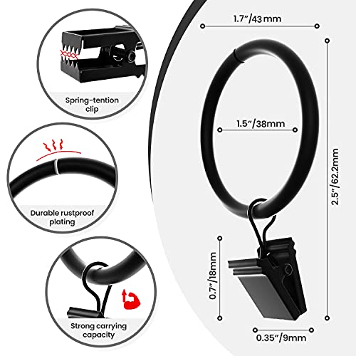 image for Curtain Clouds Black Curtain Rings with Clips 1.5 Inch Set of 20 Heavy