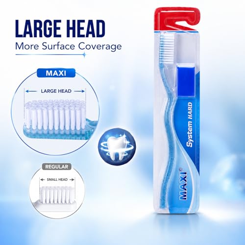 Image of MAXI System Hard Toothbrush for Adults | Deep Plaque & Stain Removal | Anti-Bacterial Travel Cap | Manual Big Head Hard Bristles Tooth Brush | Multicolor Pack of 6