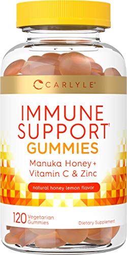 Immune Support Gummies | 120 Count | with Vitamin C Zinc, and Manuka Honey | Vegetarian, Non-GMO, Gluten Free Supplement | Natural Honey Lemon Flavor | by Carlyle