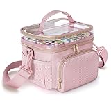 Rexmica Marker Organizer Case for 100 Markers, Marker Storage Organizer Bag with Divider and Shoulder Strap, Marker Travel Carrying Case with 3 Pockets, Pink (Patented Design)