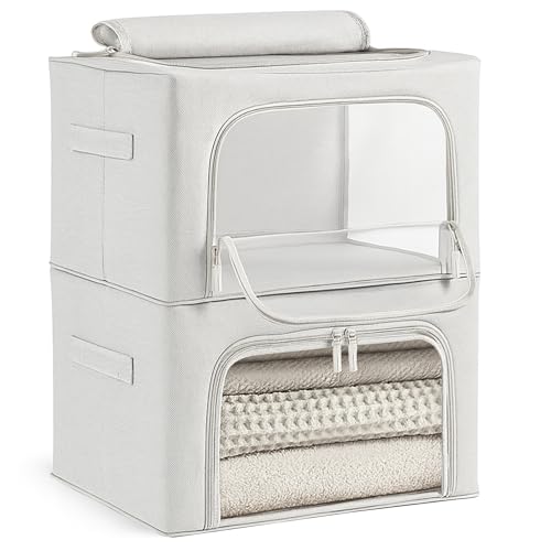 unycos - Cajas de Almacenaje de Ropa【2 Piezas | 66L】 Bolsas con Estructura Resistente de Hierro, Asas Reforzadas y Ventana Transparente, Organizador de Toallas, Edredones | 20 kg (Grey; Iron Rod)