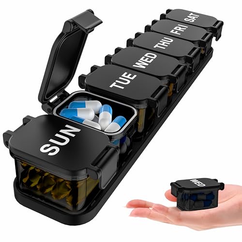 Extra Large Weekly Pill Organizer - XL Vitamin Holder with 7 Detachable Compartments Portable Medicine Pill Organizer for Supplements Daily Pill Case for Home and Travel Black