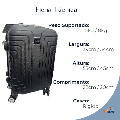 Kit 3 Malas de Viagem 10kg, 8Kg e Frasqueira 12 Polegadas Bolsa de Mão c/Trava de Senha FIbra Rígida