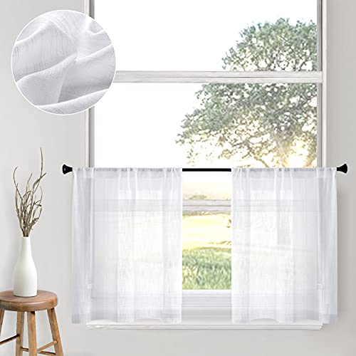 Cutewind White Sheer Tier Curtains For Bathroom Short Kitchen Tiers 24 Inches Long Linen Texture Rod Pocket Small Half Window Treatment (2 Panels, White, W25×L24 Inches) #TOP14