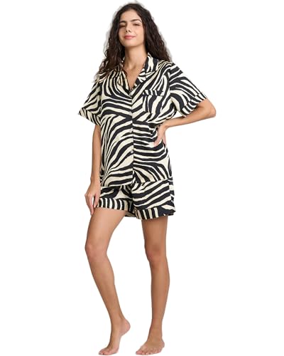 Image of YiNi LuLu Womens Silk Satin Shorts Pajamas Set Button Down 2 Piece Pjs Short Sleeve Oversized Sleepwear with Pockets