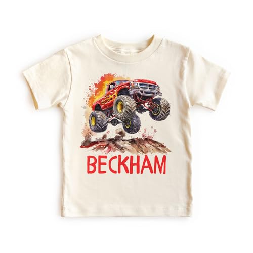 Personalized Red Monster Truck Shirts For Kids - Custom Name Red Flames Monster Truck T-Shirt - Natural Boys & Girls Toddler, Youth Clothing