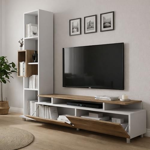 Dmora - Parete attrezzata Derufin, Composizione soggiorno, Mobile salotto multiuso, Armadio porta TV, 160x30 h167 cm, Bianco e Noce