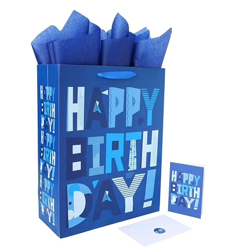 wishinside 16.5” Extra Large Blue Gift Bags Set with Greeting Card and Tissue Papers (Blue Happy Birthday) for Men's Birthday Party, Father, Grandpa, Kids' Parties, Baby Boy - 16.5”x5.5”x12.6”, 1 Pcs