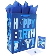 16.5” Extra Large Blue Gift Bags Set with Greeting Card and Tissue Papers (Blue Happy Birthday) f...