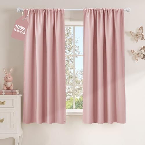 NICETOWN 100% Blackout Pink Curtains for Girls Bedroom 72 inch Length, Rod Pocket Thermal Curtains Sound Reducing Window Treatments for Princess, W42