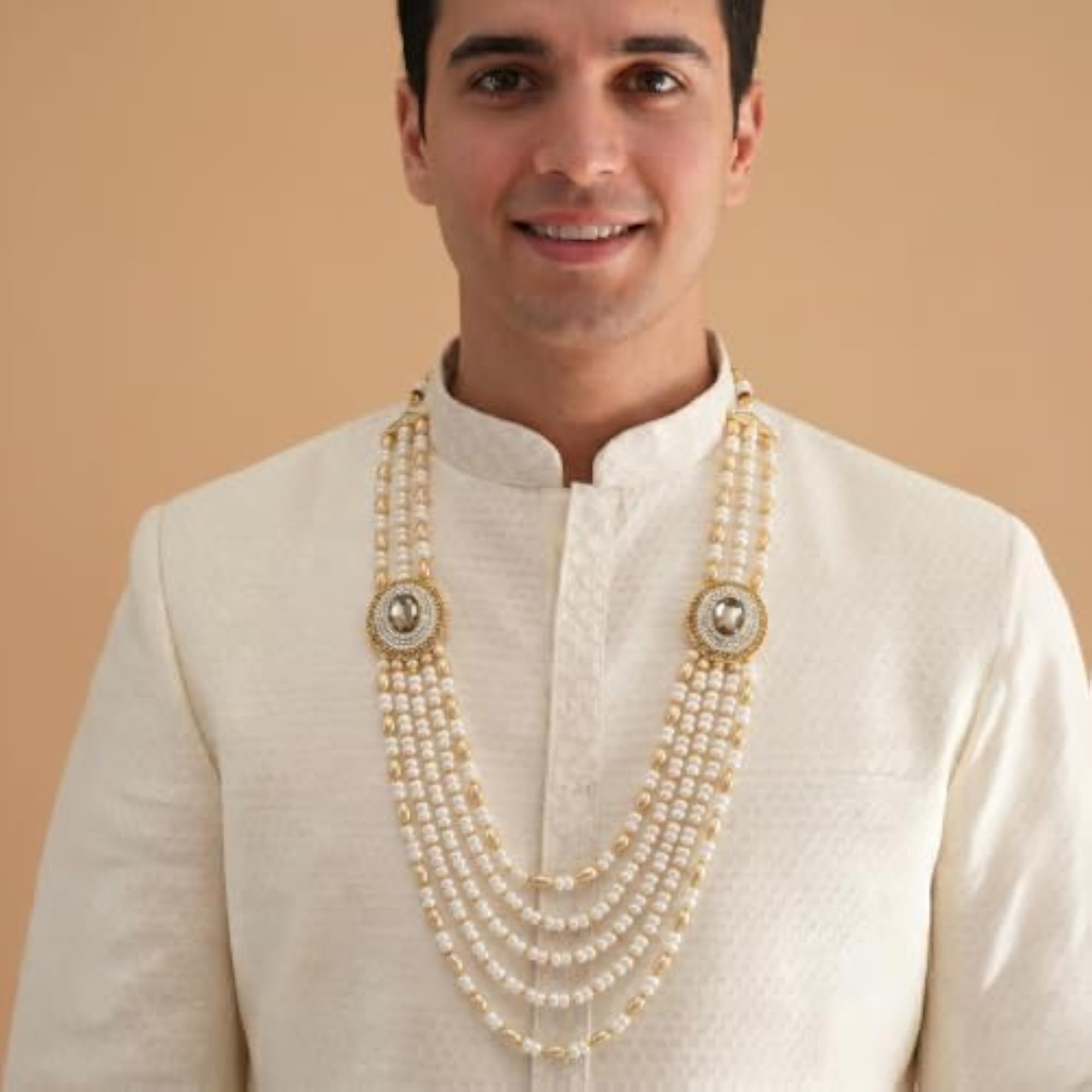 Champagne White Multi Layer Shervani Haar Necklace, Men's Ethnic Jewellery