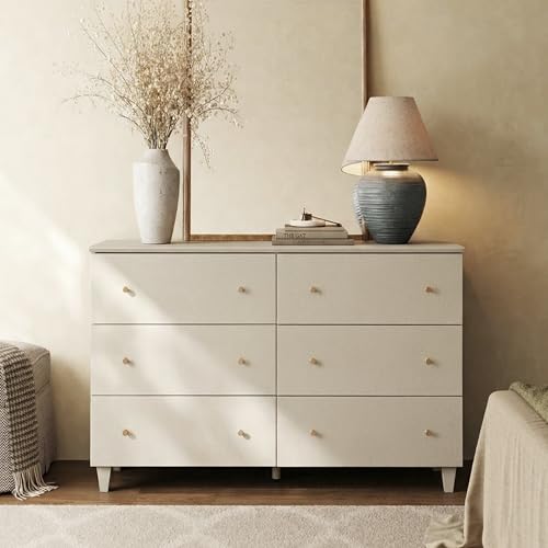 Image of WAMPAT 6-Drawer Dresser for Bedroom, Modern Chest of Drawers with Gold Knobs, 47.2 Inch Wide Linen Printed Finish Wood Storage Organizer for Kids Room, Living Room, Nursery, Dark Beige
