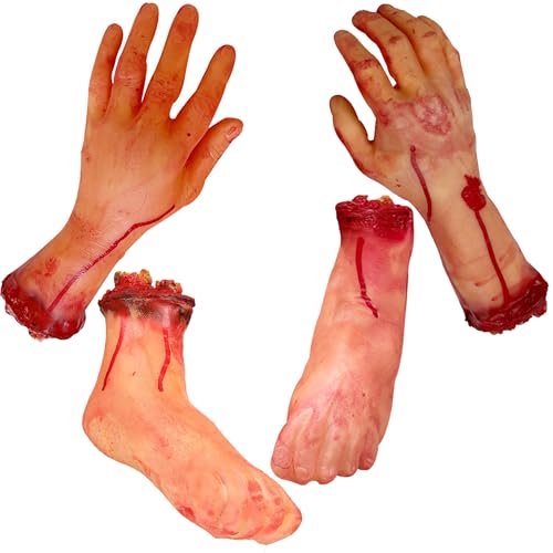 LOSFOTBO 4 Pieces Halloween Fake Human Body Parts Severed Hands Feet Set Scary Bloody Broken Body...