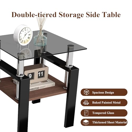 Image of Meihua Glass End Table, Square Glass Side Table, 2-Tier Modern Nightstand with Metal Legs for Living Room&Bedroom (Grey+Brown, Set of 2)