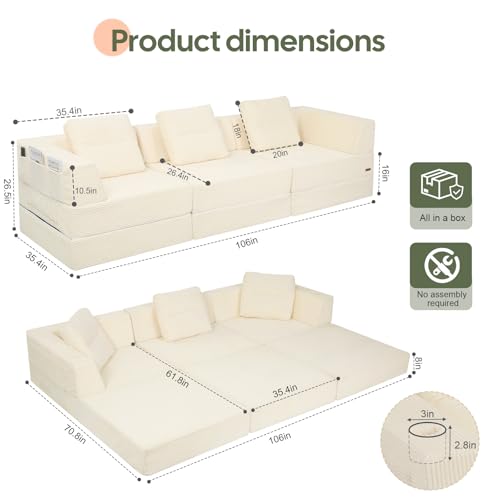 Image of COMAX Futon Sofa Bed, Convertible Sofa Bed, Folding Boneless Couches | Boneless Couch for living room, Fold Out Small Foldable Loveseat Floor Sleeper Mattress Lounge Space‑Saving, 3 Seater 106 inch