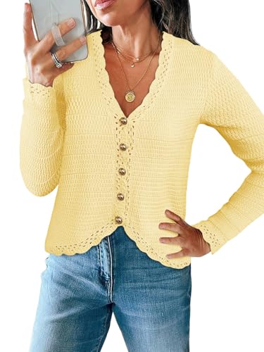 Image of Saodimallsu Womens V Neck Cardigan Sweaters Button Up Cropped Boho Knit Long Sleeve Loose Trendy Sweater Tops