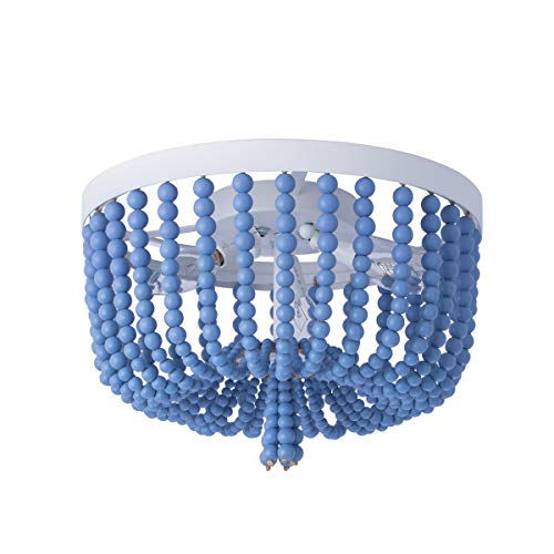 Buy 1 get 1 🔥 VILUXY Blue Wood Beaded Flush Mount Ceiling Light Rustic Mini Chandelier White Finishing for Girl Room, Kids Bedroom, Children Room 3-Light