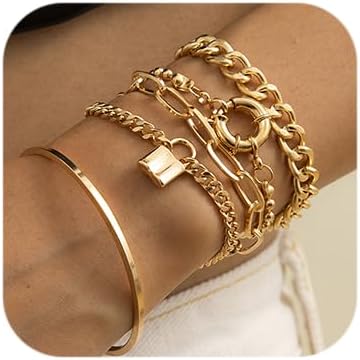 Octwine Fashion Cute Simple Boho Stackable Bracelet Set Gold Silver Chunky Layered Link Bracelet Chain Jewelry for Women 5PCS