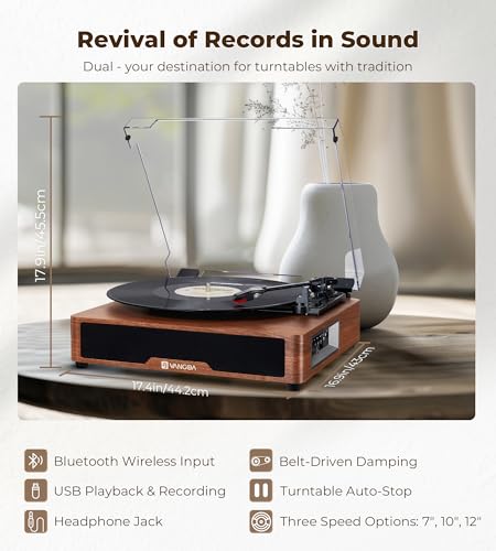 Image of Vangoa Vinyl Record Player with Bookshelf Speakers Bluetooth Vintage Turntable for Vinyl Records Belt-Drive 3 Speed Portable LP Players Wooden Vinyl Players Auto Stop with Cleaning Kits, Brown